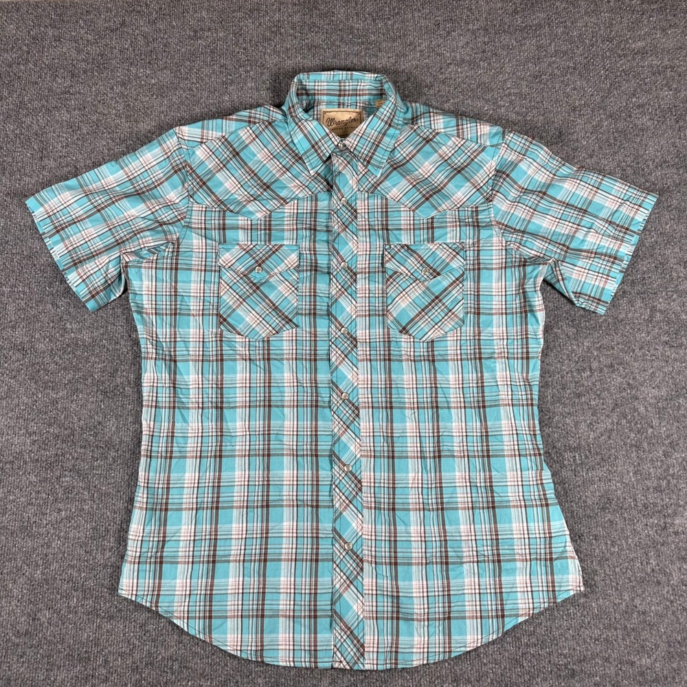 Wrangler Western Shirt Mens Size L Blue Plaid Pearl Snap Short Sleeve Cowboy